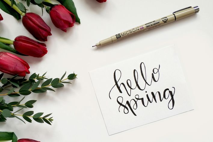 Close-up of red tulips beside a hand-lettered 'hello spring' card on white background.